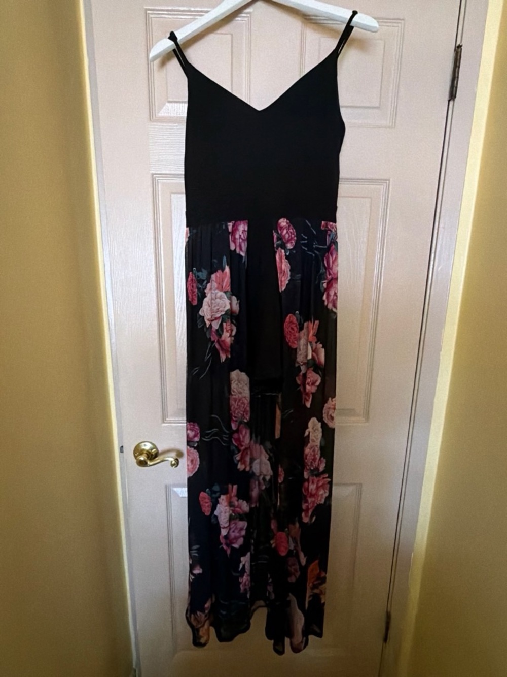 Floral Black Romper with Pink Rose Print Skirt Attacged
